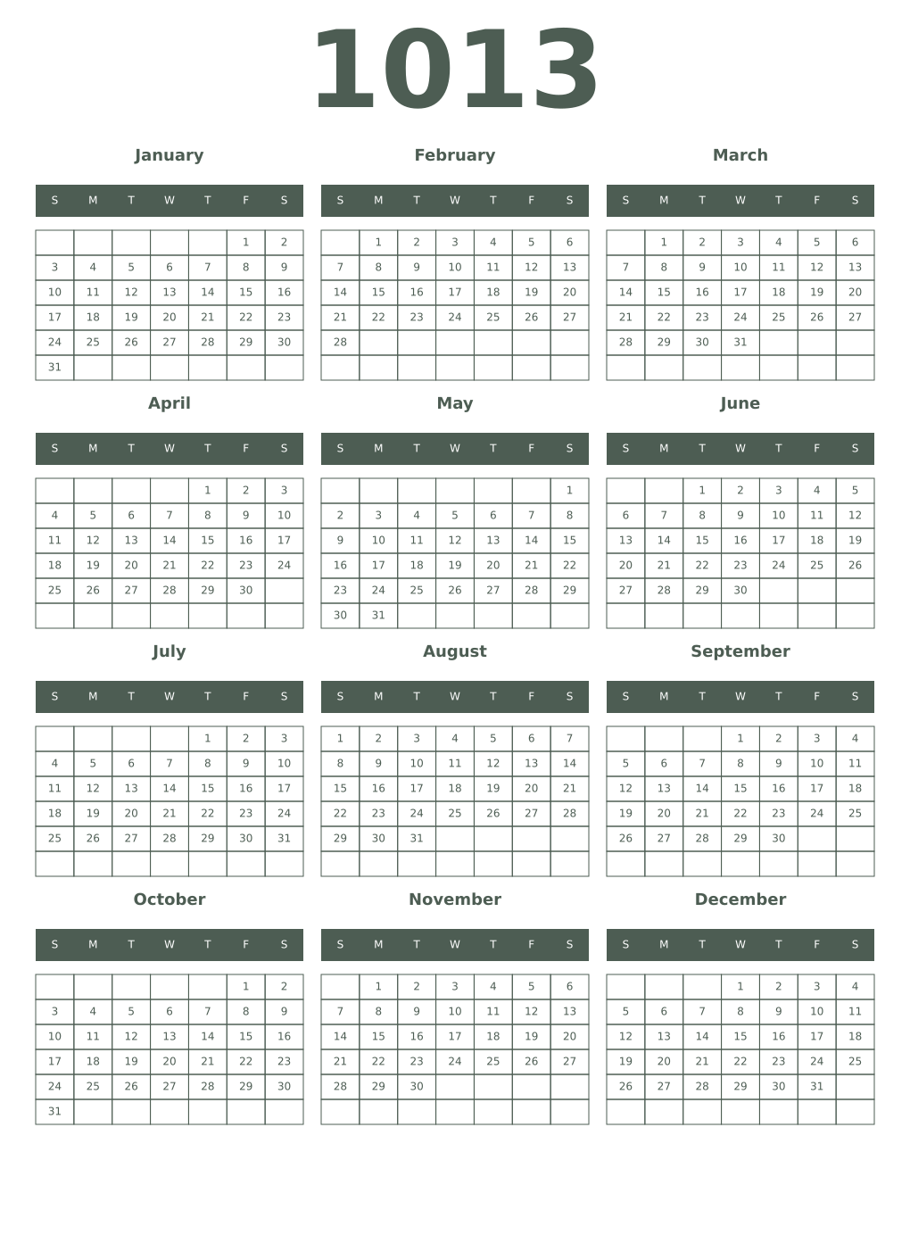 Printable 1013 Year Calendars feldgrau