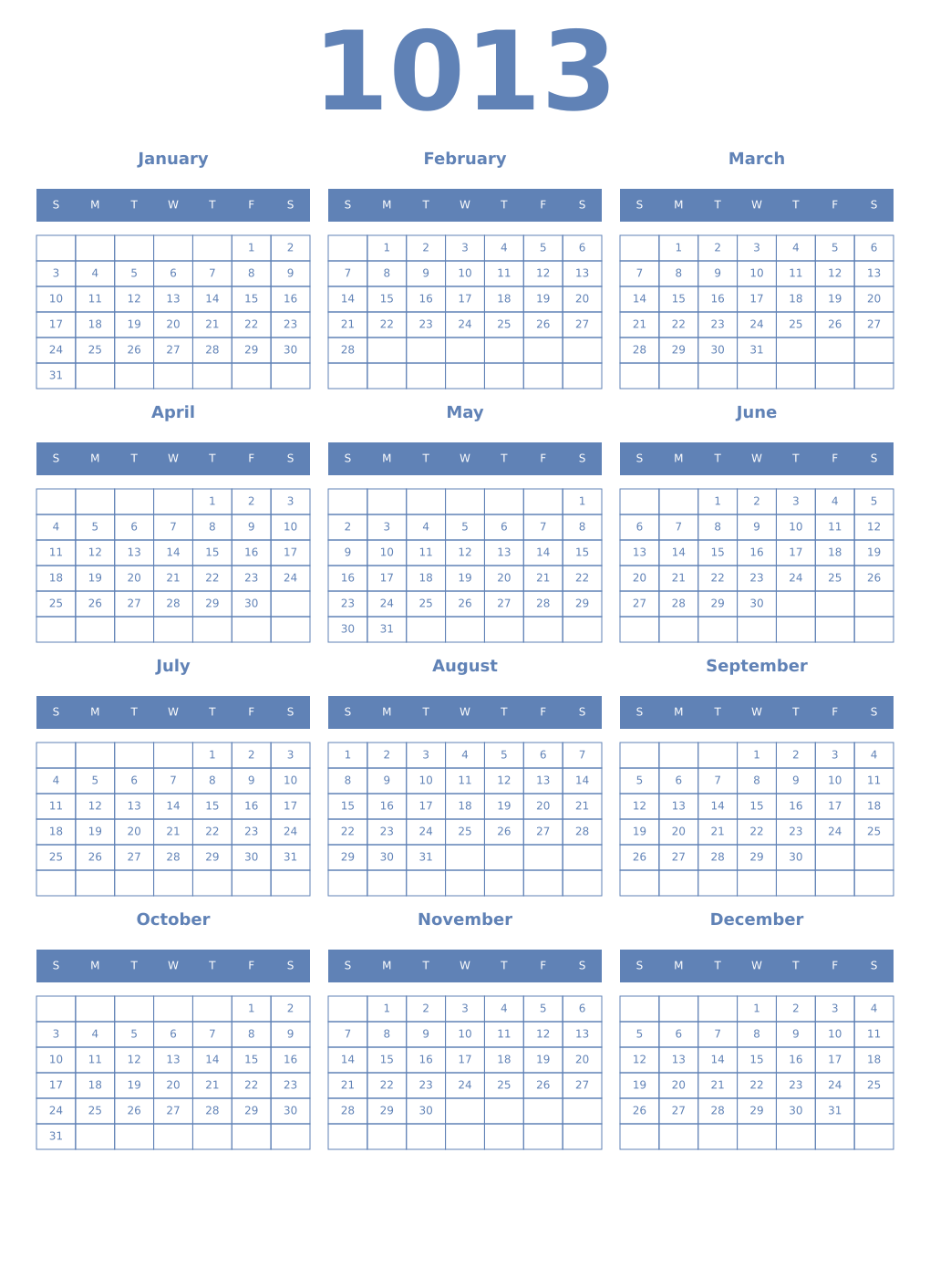Printable 1013 Year Calendars glaucous