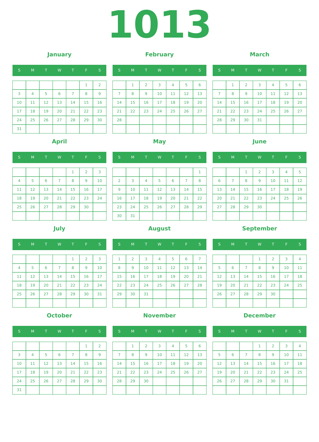 Printable 1013 Year Calendars green