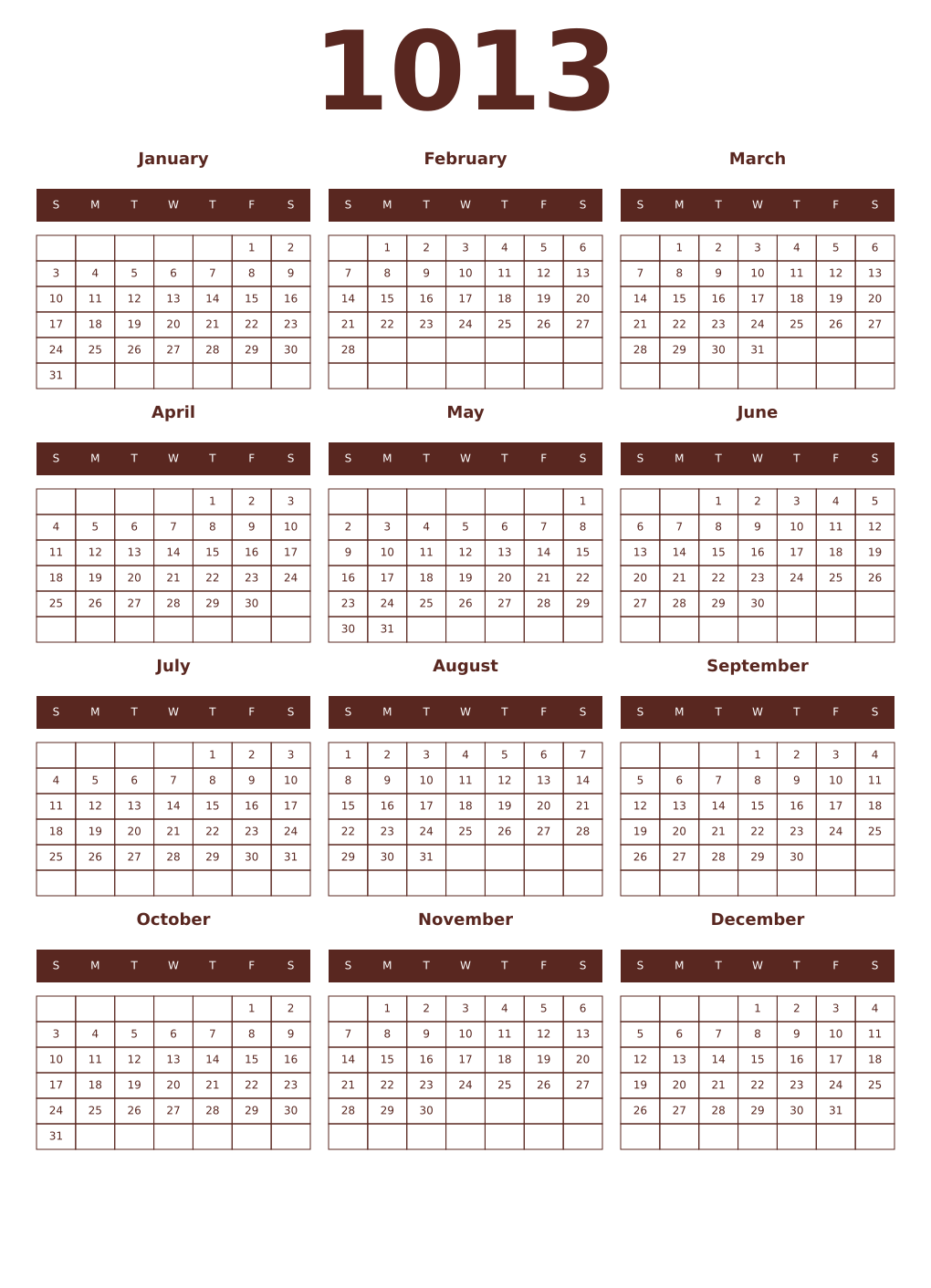 Printable 1013 Year Calendars mortuum