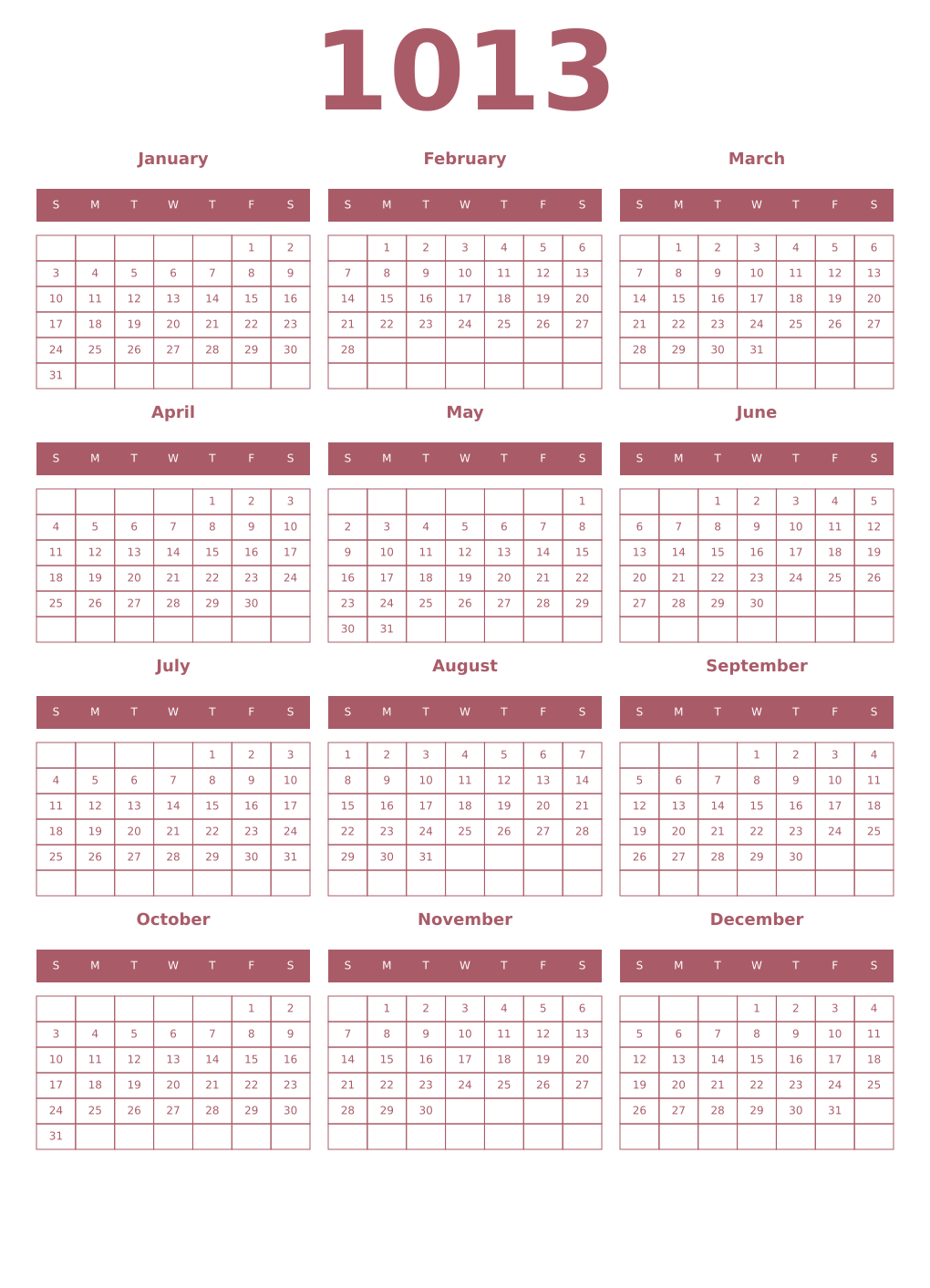 Printable 1013 Year Calendars puce