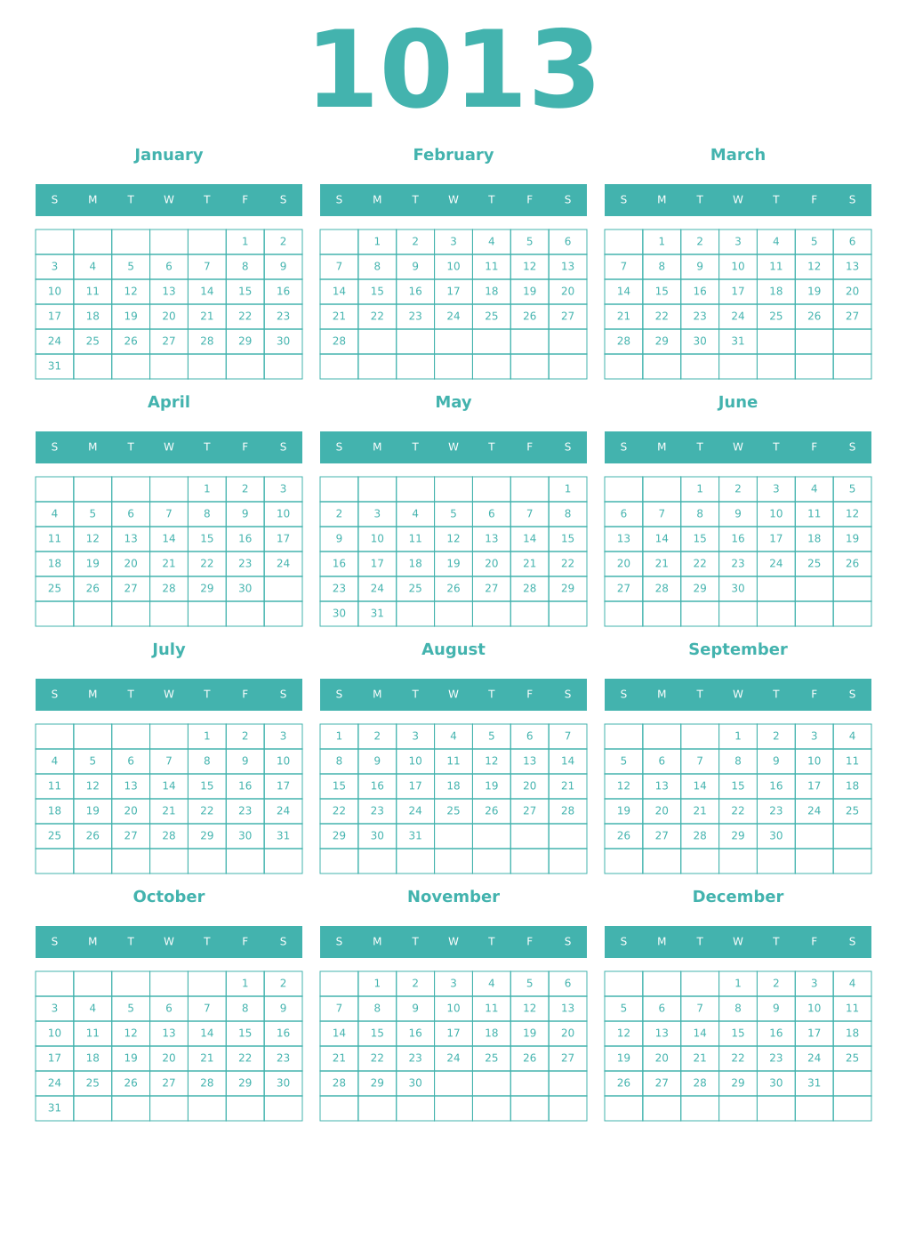 Printable 1013 Year Calendars verdigris