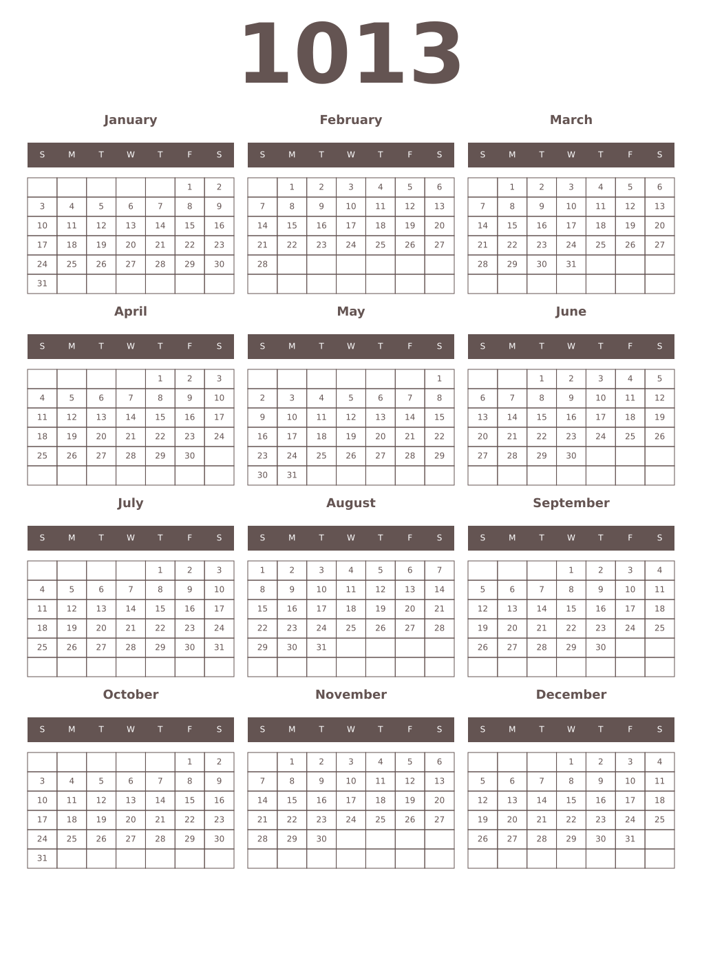Printable 1013 Year Calendars wenge