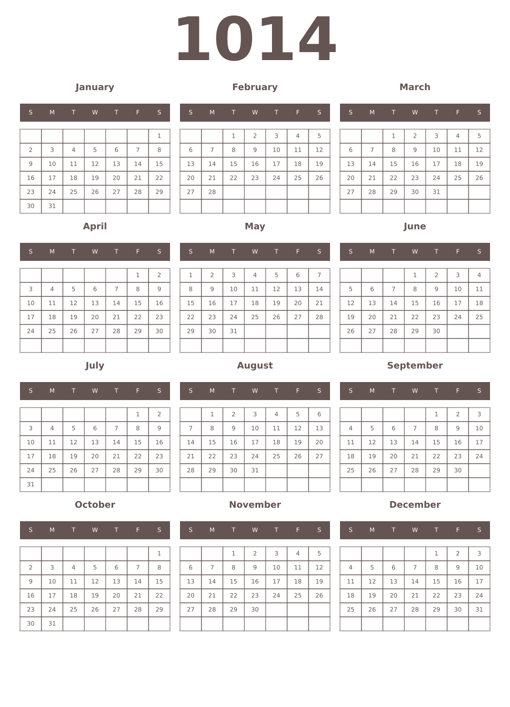 Printable 1014 Year Calendars wenge