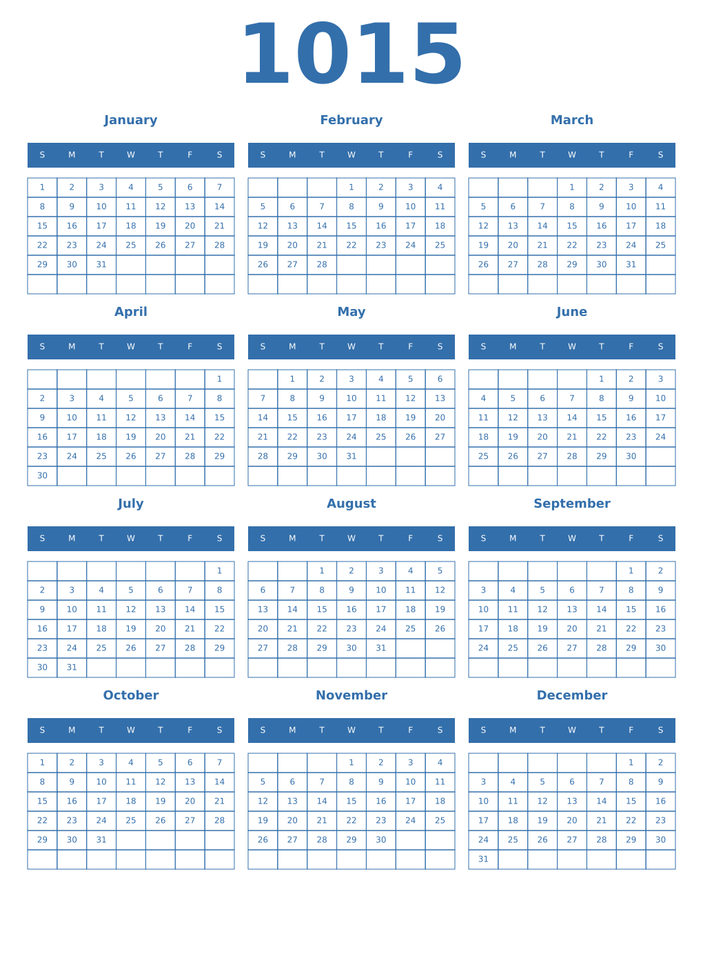 Printable 1015 Year Calendars blue