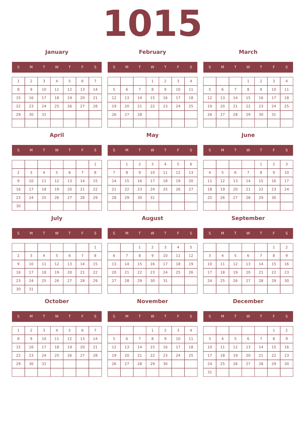Printable 1015 Year Calendars cordovan