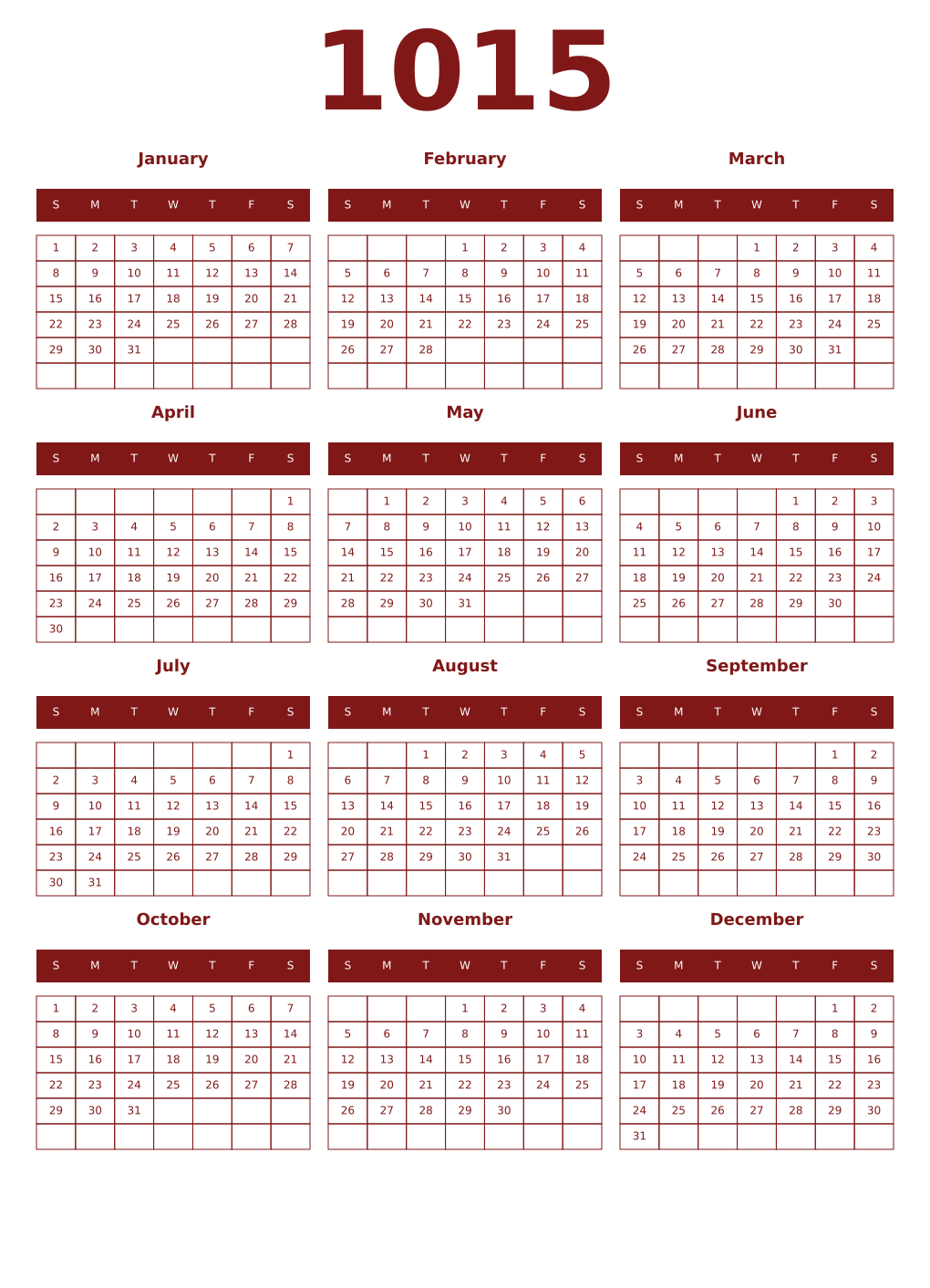 Printable 1015 Year Calendars falu