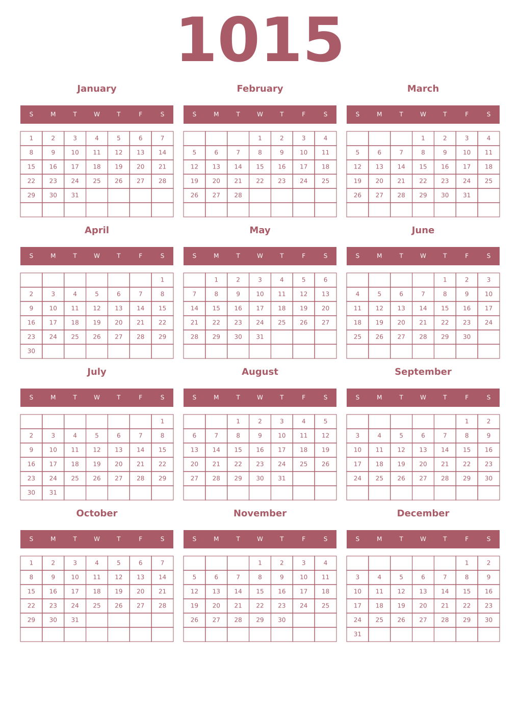 Printable 1015 Year Calendars puce