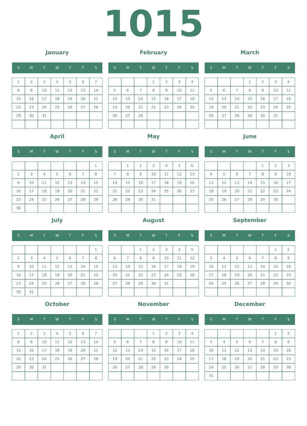 Printable 1015 Year Calendars viridian