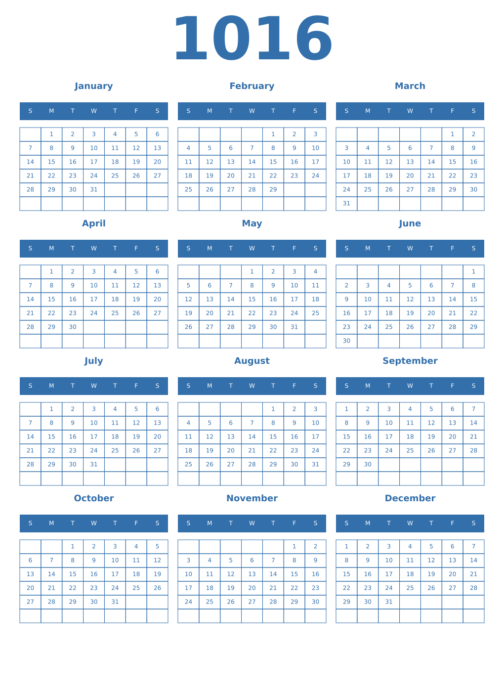 Printable 1016 Year Calendars blue