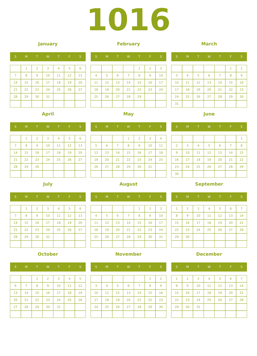 Printable 1016 Year Calendars chartreuse