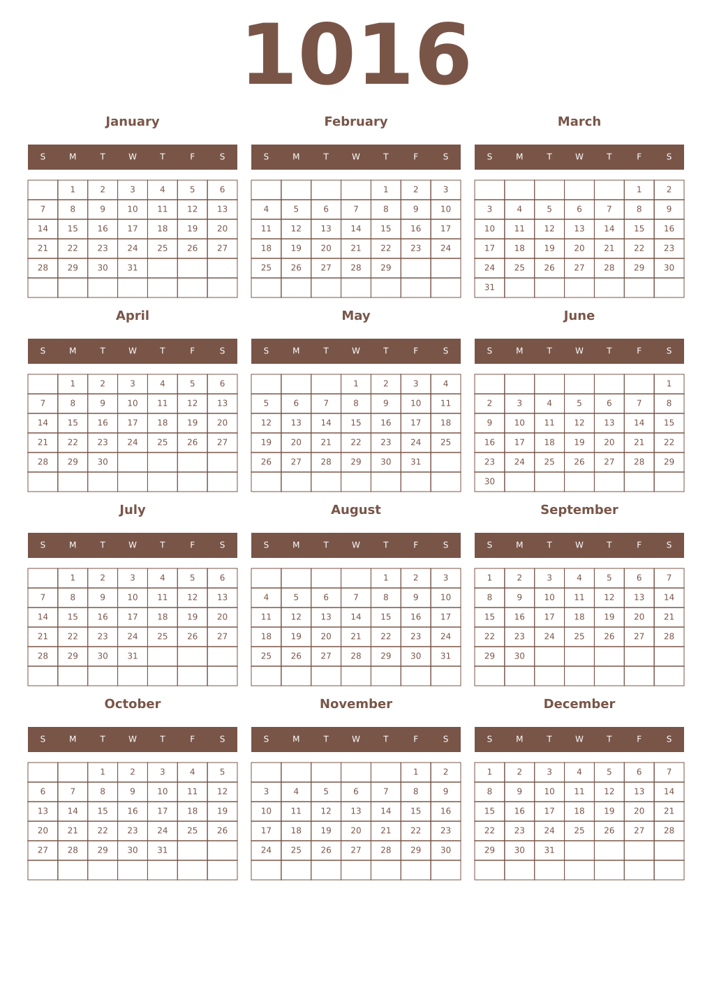 Printable 1016 Year Calendars coffe