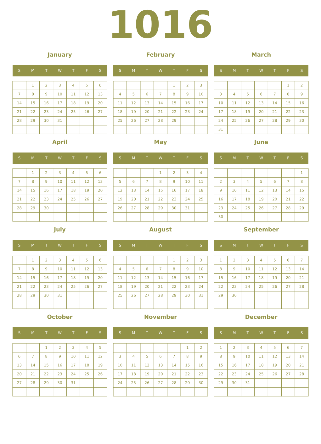 Printable 1016 Year Calendars eburnean
