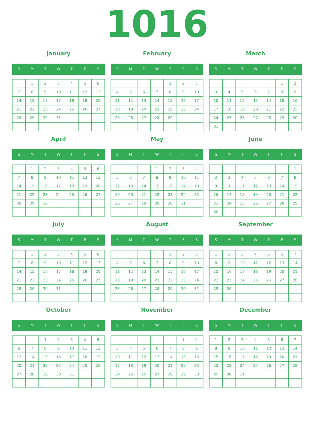 Printable 1016 Year Calendars green