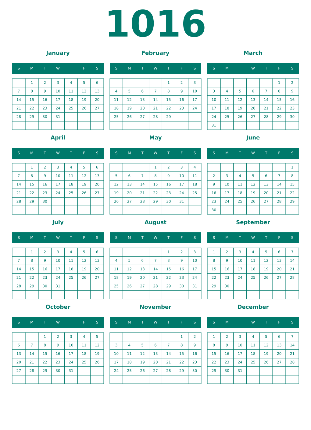 Printable 1016 Year Calendars pastel