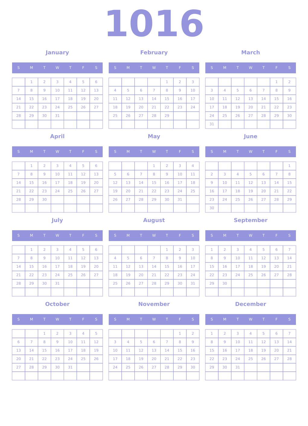 Printable 1016 Year Calendars periwinkle