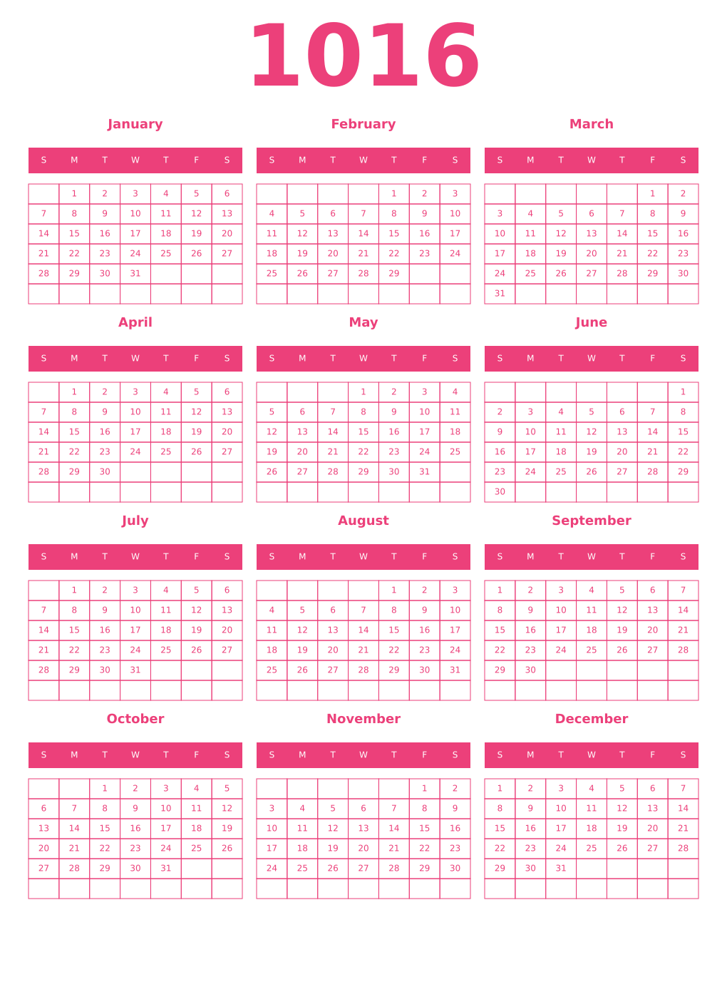 Printable 1016 Year Calendars pink