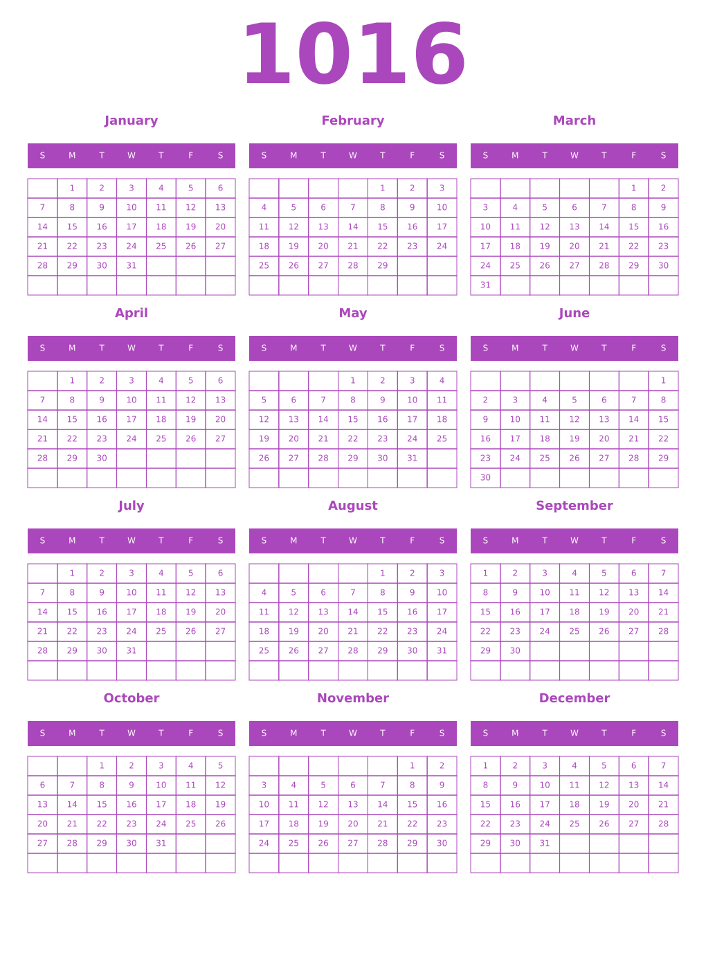 Printable 1016 Year Calendars purple