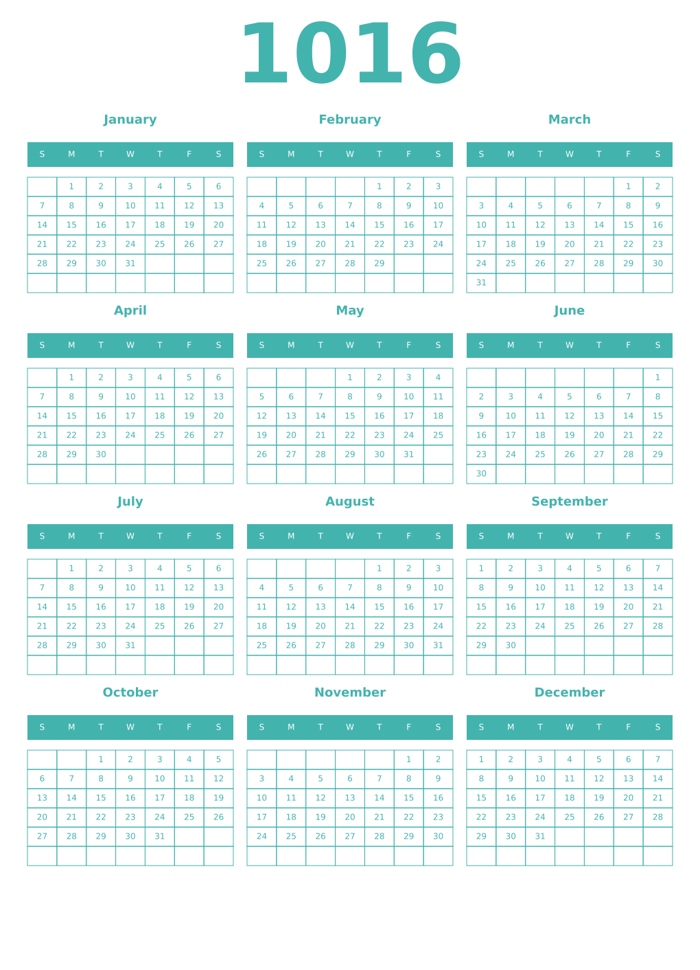 Printable 1016 Year Calendars verdigris