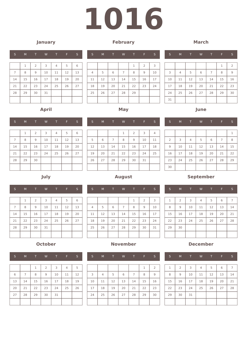 Printable 1016 Year Calendars wenge