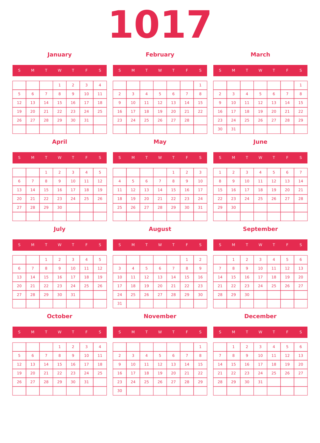 Printable 1017 Year Calendars amaranth
