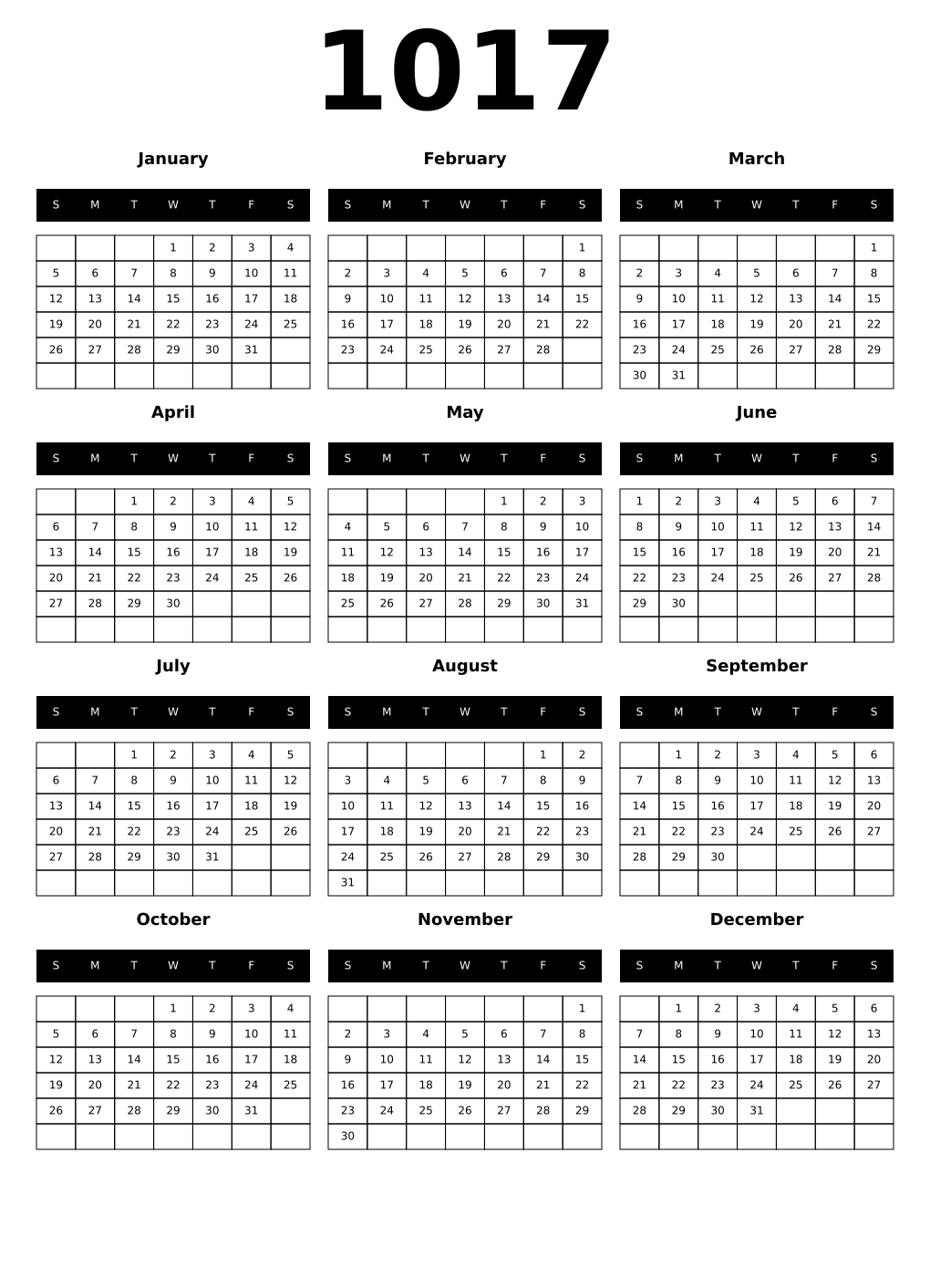 Printable 1017 Year Calendars black