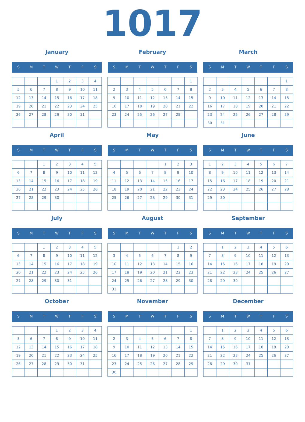 Printable 1017 Year Calendars blue