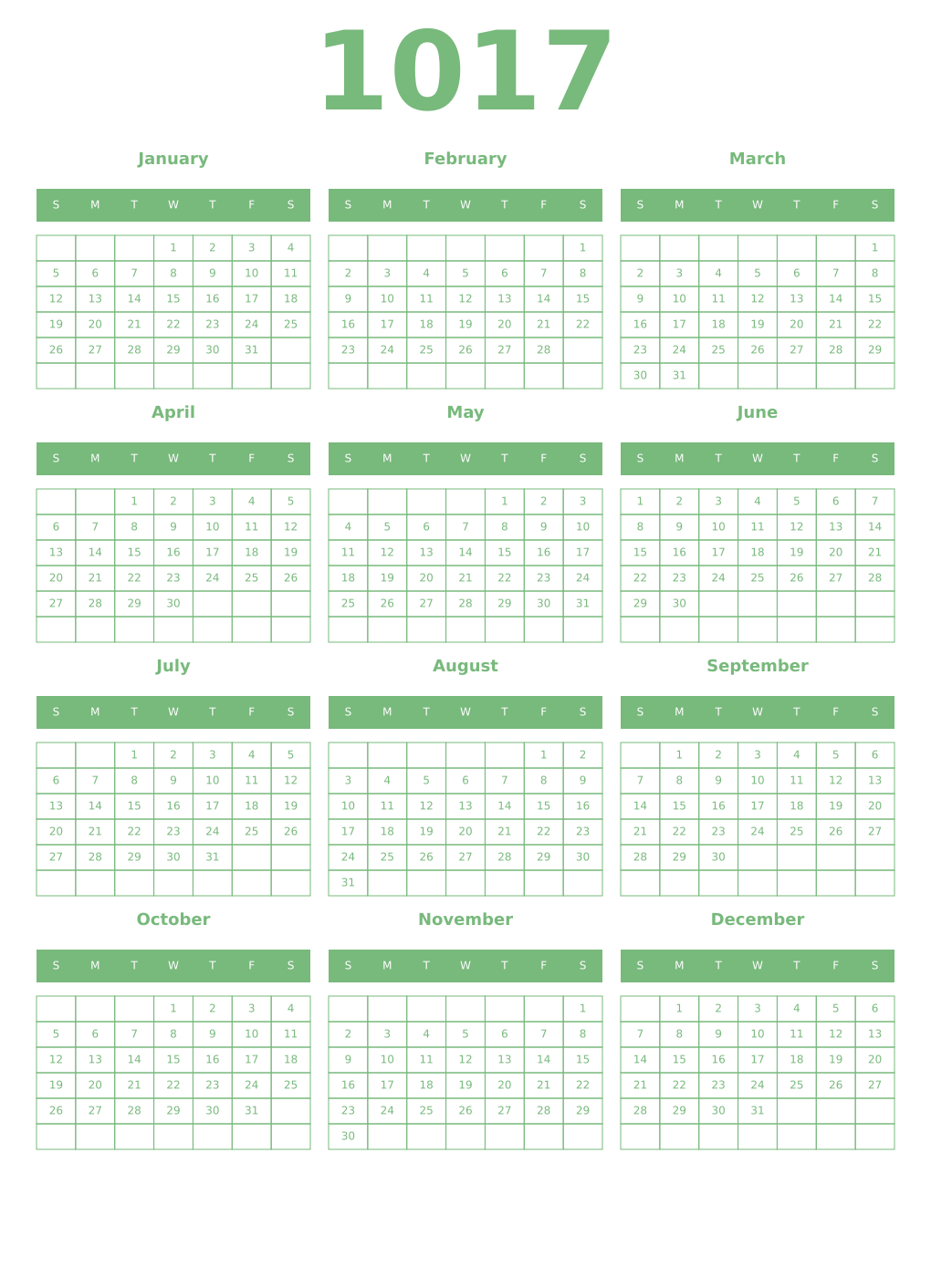 Printable 1017 Year Calendars celadon