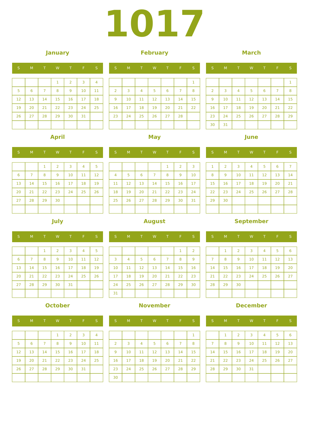 Printable 1017 Year Calendars chartreuse