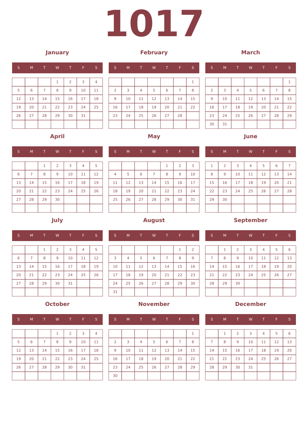 Printable 1017 Year Calendars cordovan
