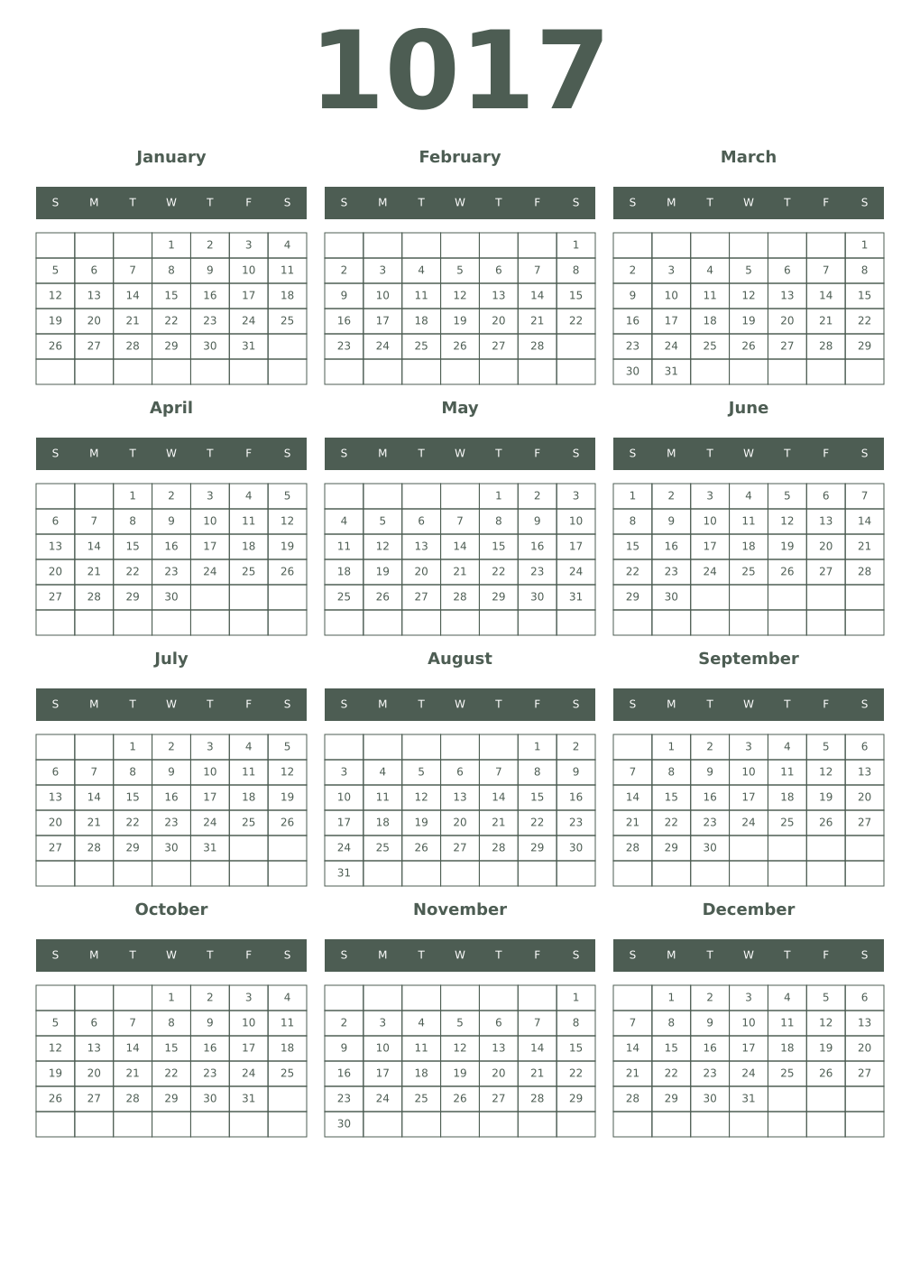 Printable 1017 Year Calendars feldgrau