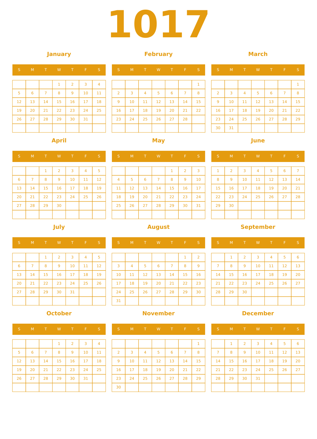 Printable 1017 Year Calendars gamboge