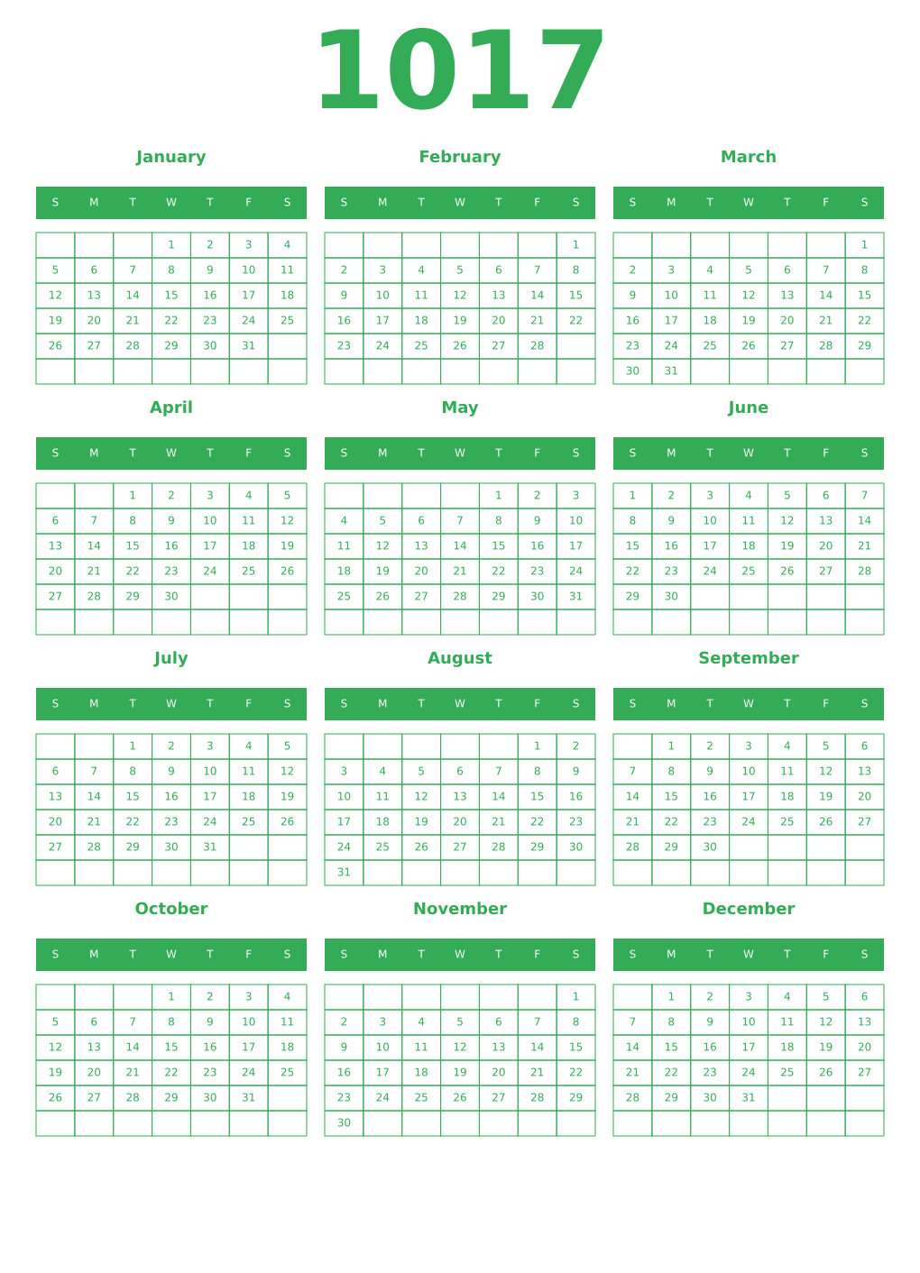 Printable 1017 Year Calendars green