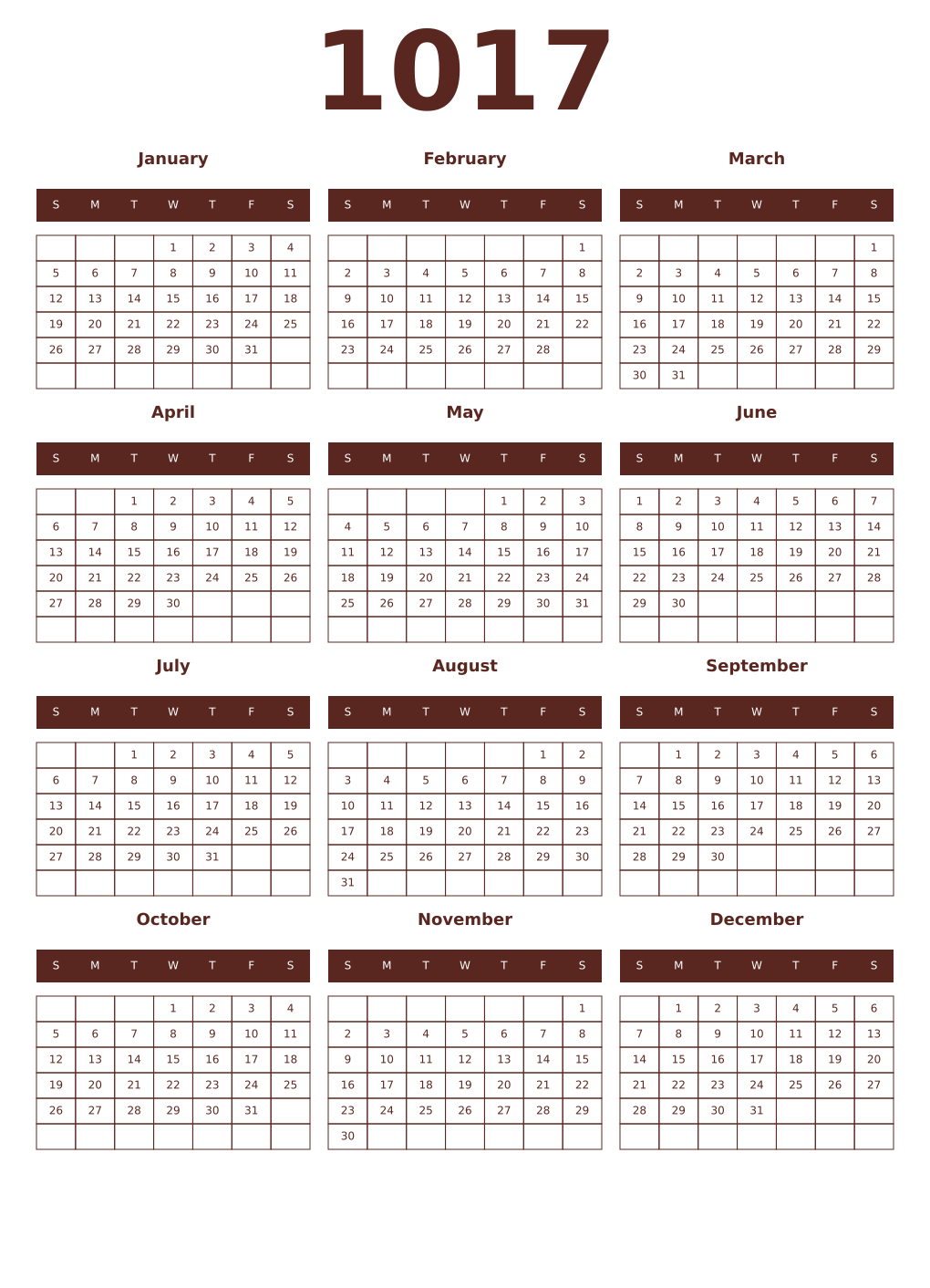 Printable 1017 Year Calendars mortuum