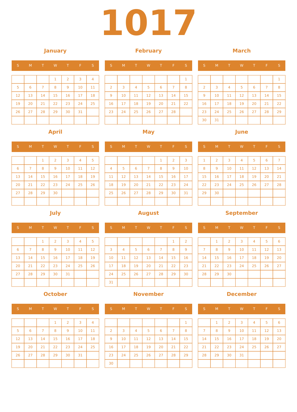 Printable 1017 Year Calendars orange