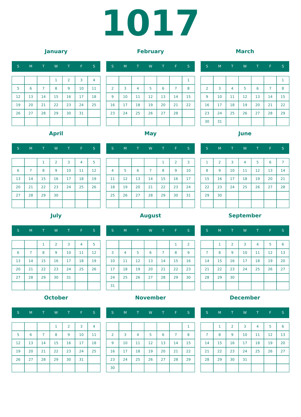 Printable 1017 Year Calendars pastel