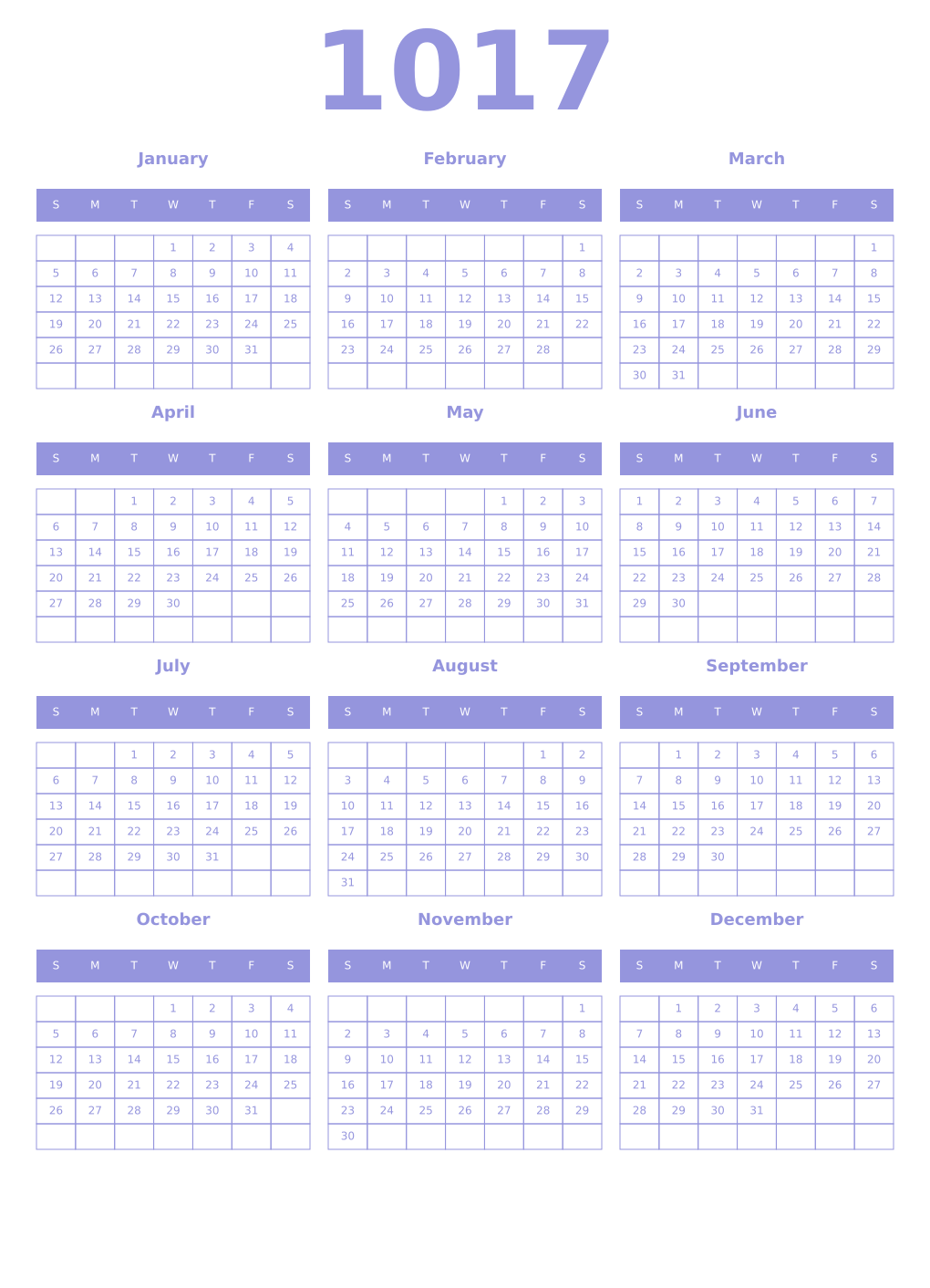 Printable 1017 Year Calendars periwinkle