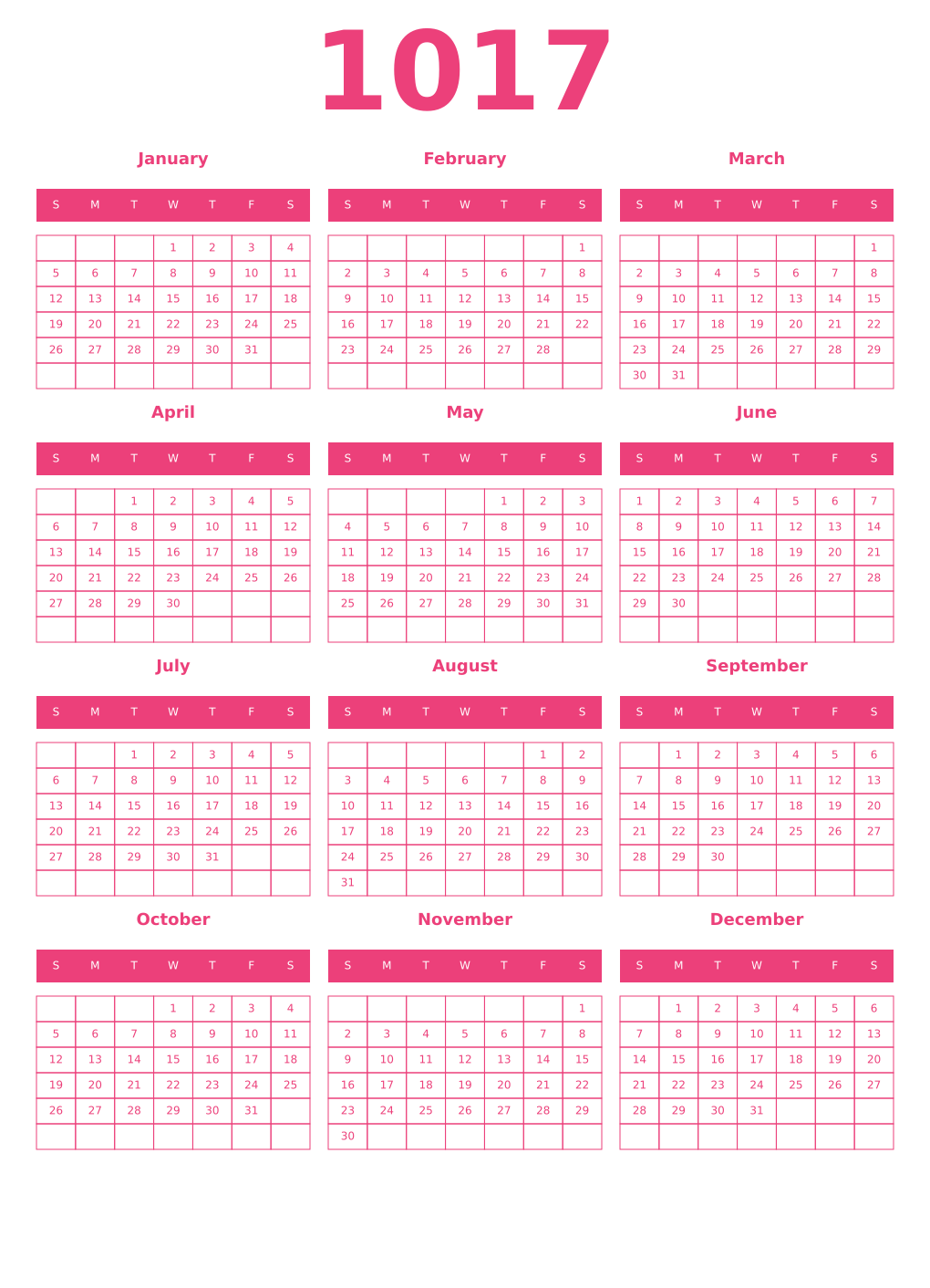 Printable 1017 Year Calendars pink