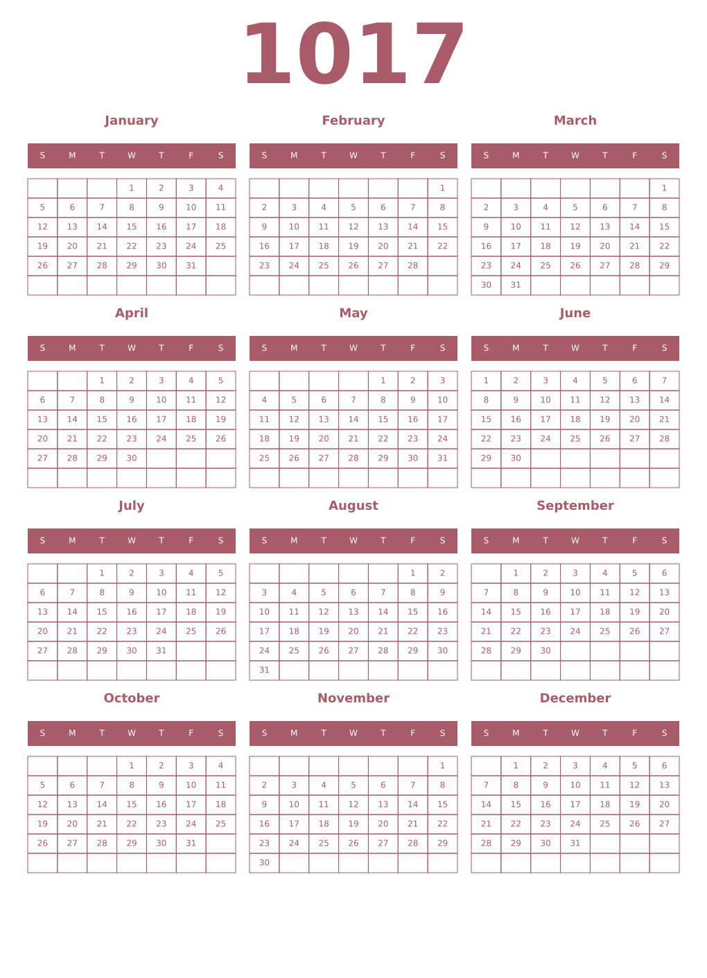 Printable 1017 Year Calendars puce