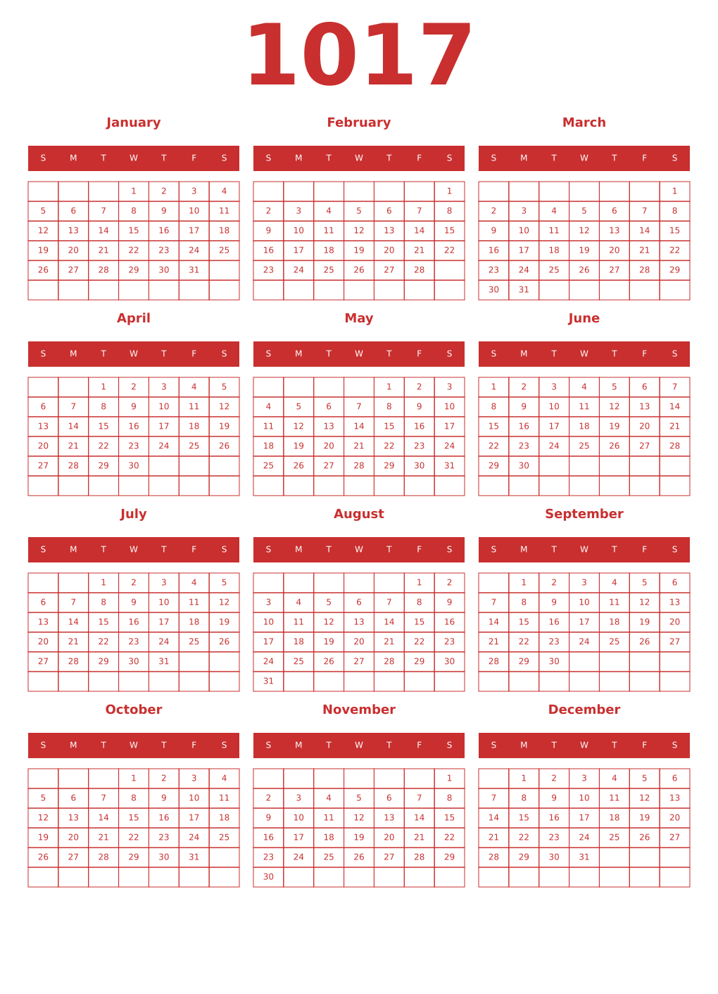 Printable 1017 Year Calendars red