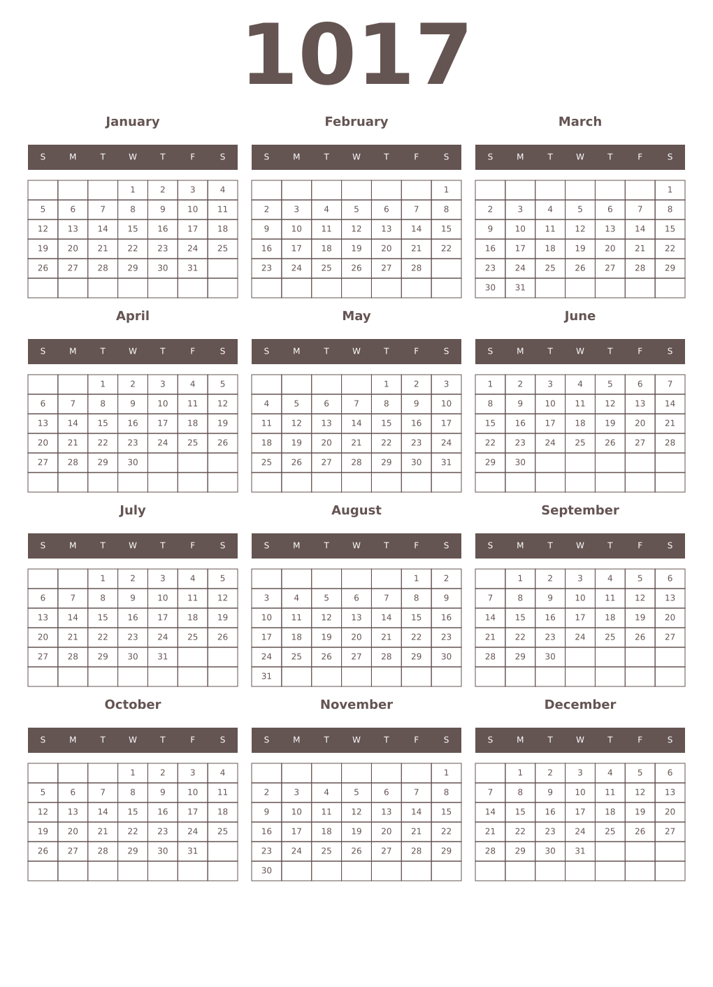 Printable 1017 Year Calendars wenge