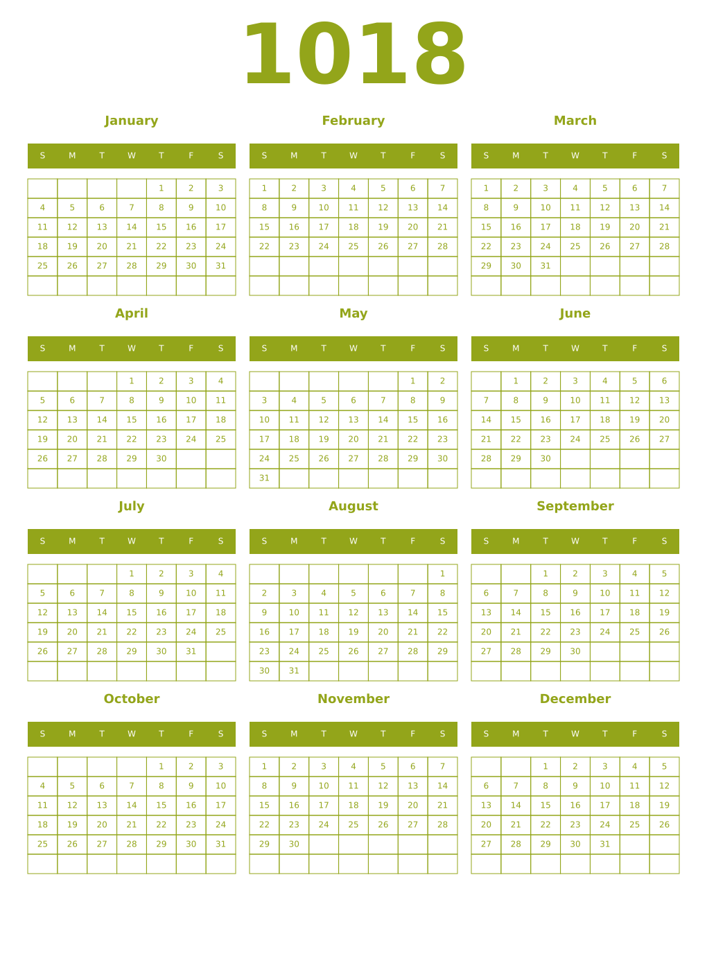 Printable 1018 Year Calendars chartreuse
