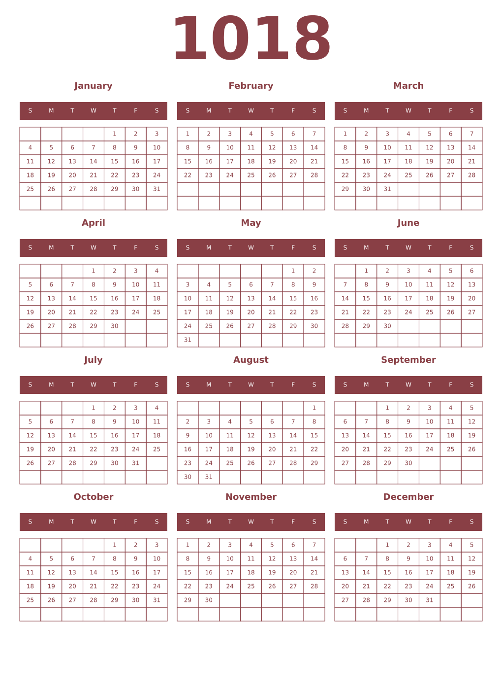 Printable 1018 Year Calendars cordovan