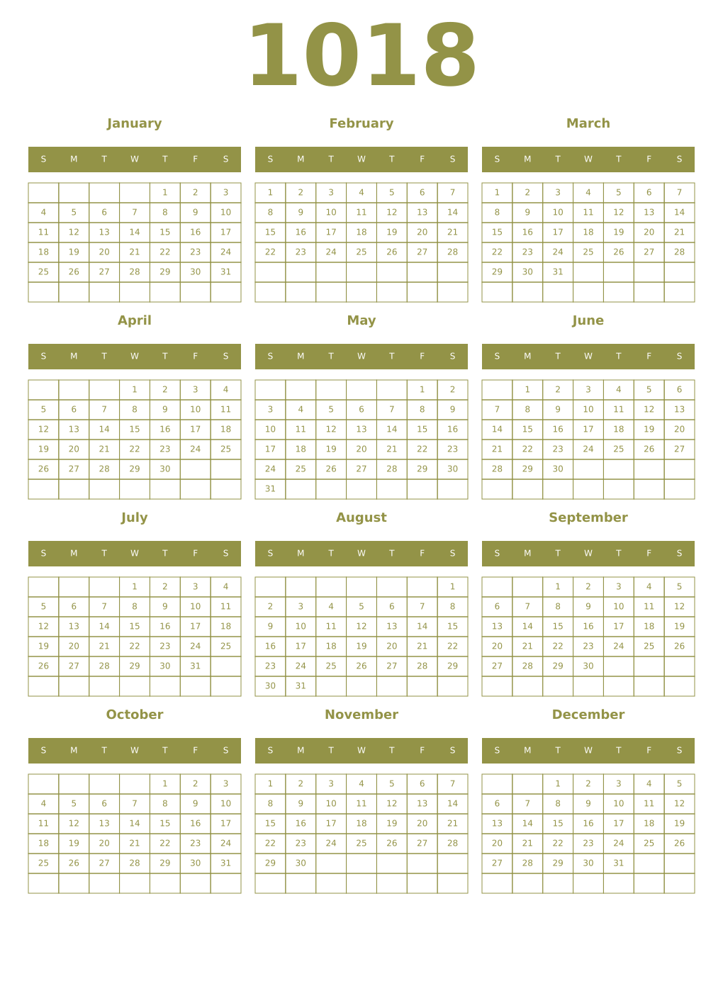 Printable 1018 Year Calendars eburnean