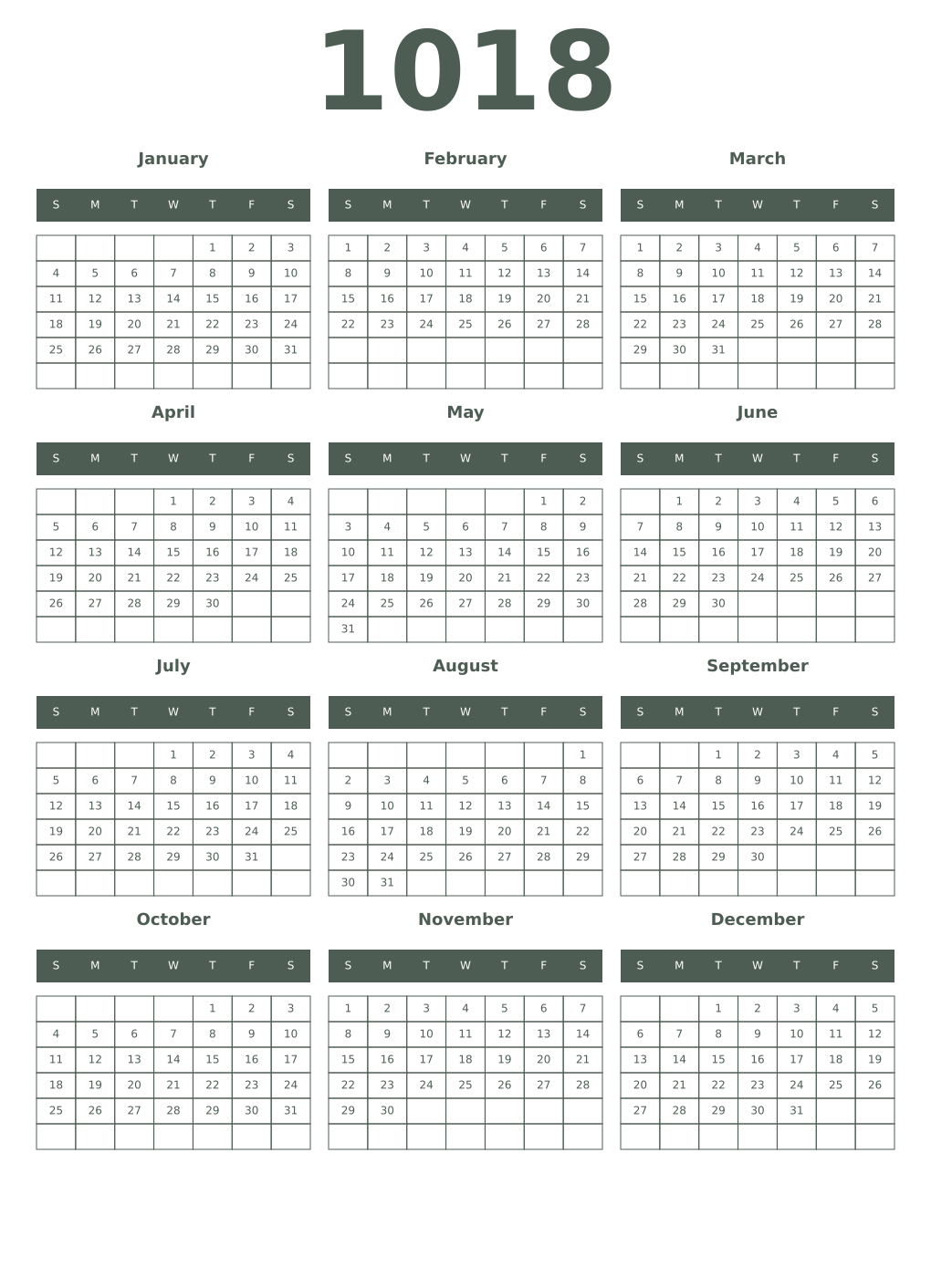 Printable 1018 Year Calendars feldgrau