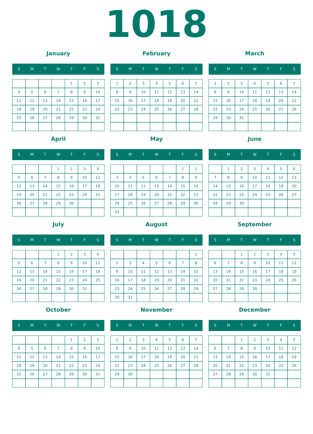 Printable 1018 Year Calendars pastel