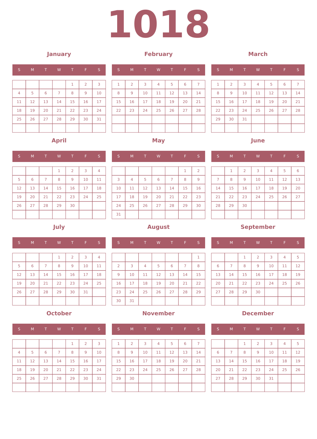 Printable 1018 Year Calendars puce