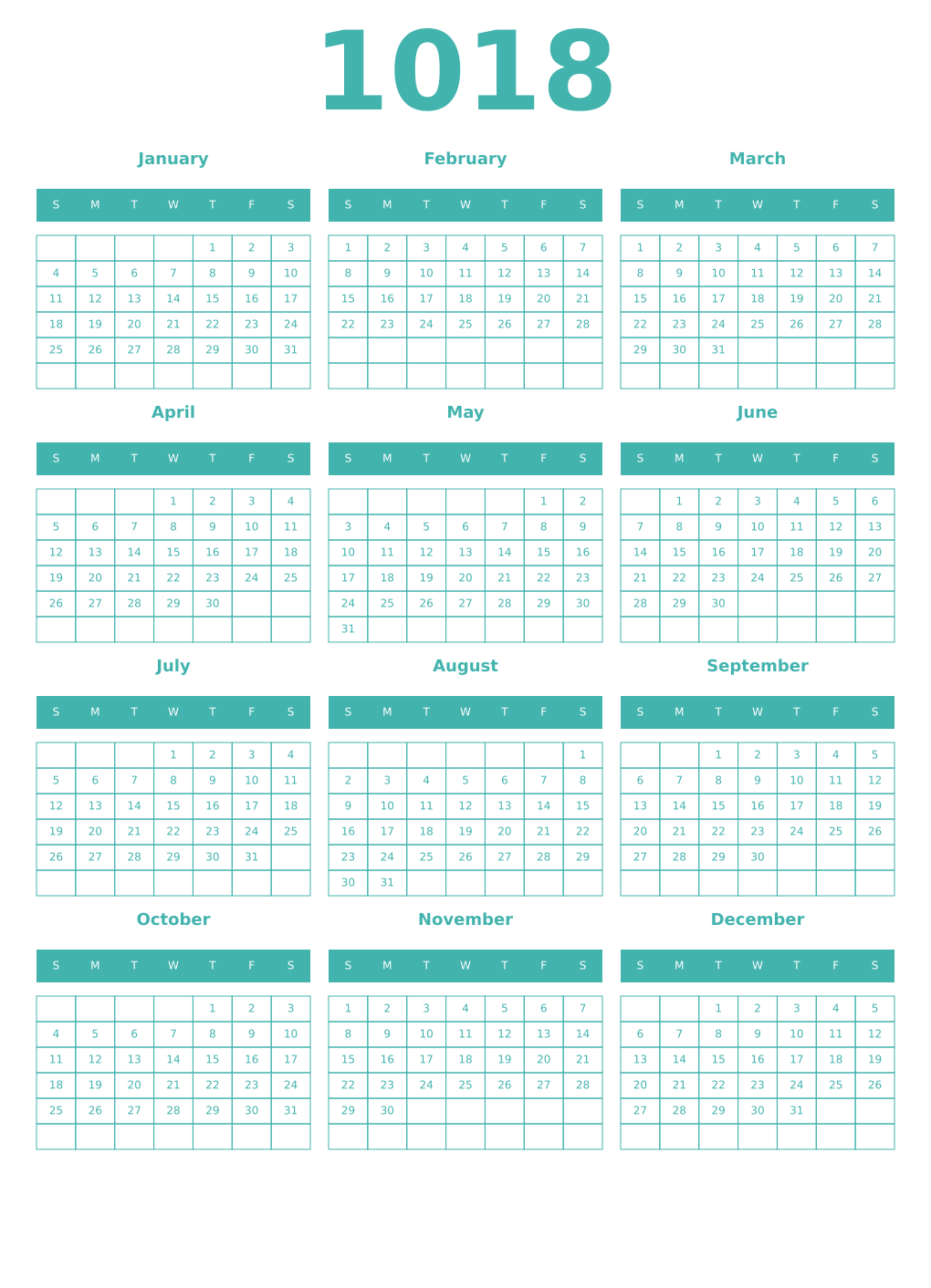Printable 1018 Year Calendars verdigris