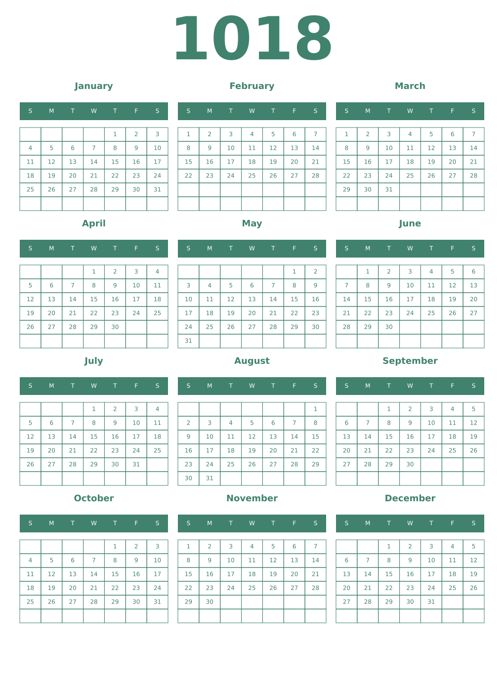 Printable 1018 Year Calendars viridian