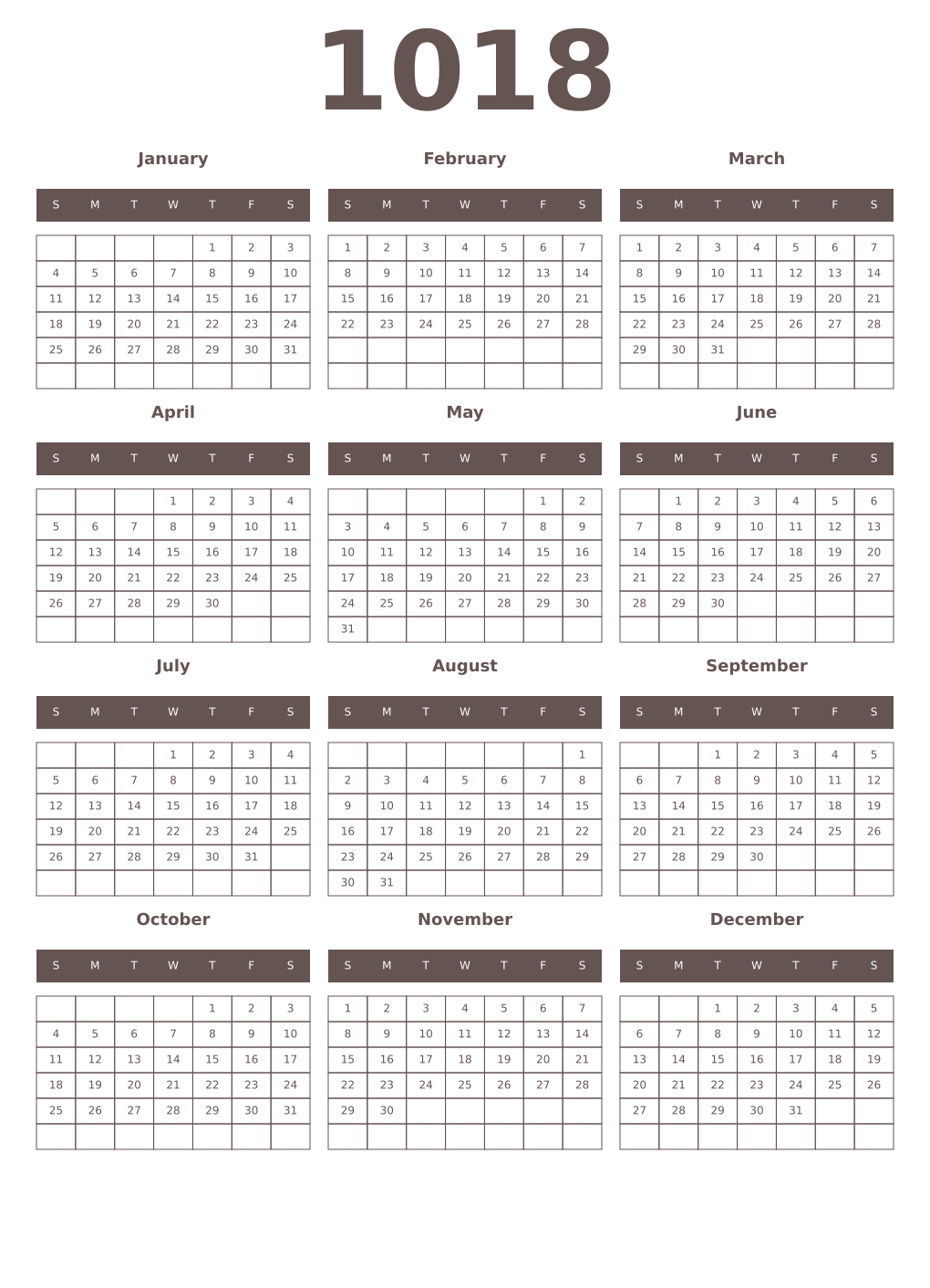 Printable 1018 Year Calendars wenge